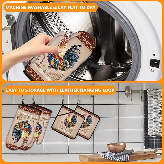 Rooster Oven Mitts and Pot Holders Sets 4Pcs,Extra Long Oven Gloves Potholder for Kitchen Cooking Baking BBQ 100% Cotton Heat Resistant