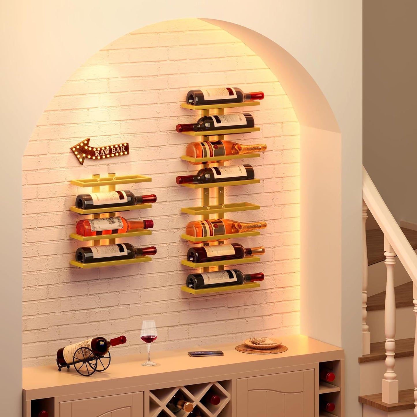 Hoctieon 3-Set 8 Tier Wall Mount Wine Rack (24 Tiers), Wall Racks for Wine Bottles Display and Storage, Hanging Bottle Organizer for Living Room, Dining Room, Wine Cellar, Bar, Gold