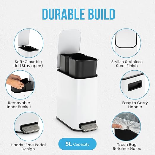 RED FACTOR Slim Small 1.3 Gallon Stainless Steel Pedal Trash Can with Soft Close Lid for Narrow Spaces – Wastebasket Bin with Removable Inner Bucket