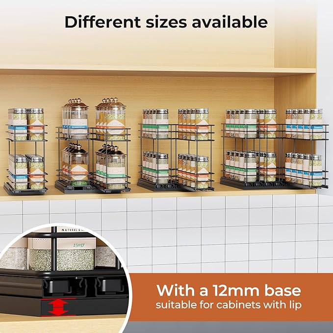 Pull Out Spice Rack Organizer for Cabinet, Slide Out Spice Racks, Easy to Install, 2.1''Wx10.35''Dx8.26''H, 3 Drawers 2 Tiers(Black)