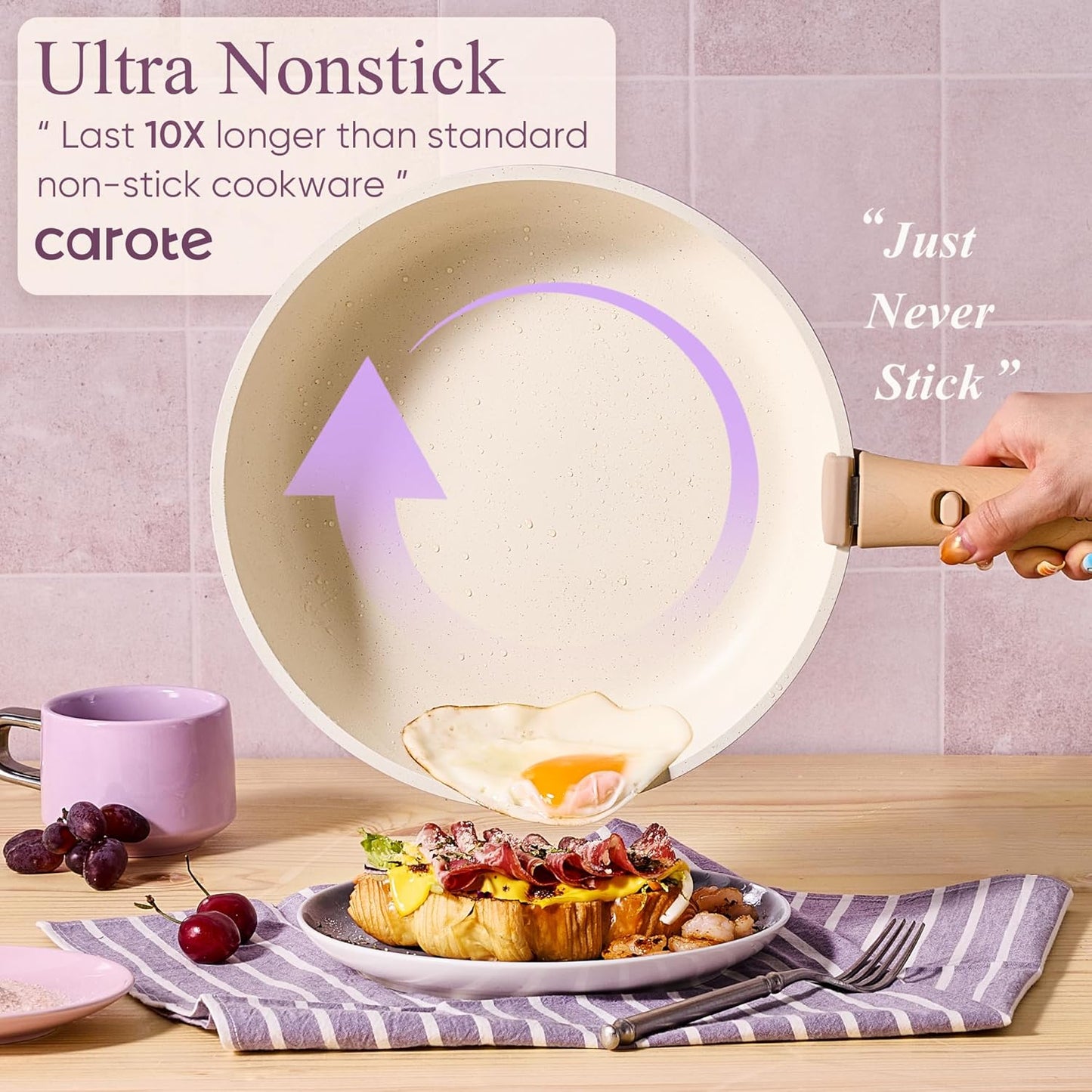 CAROTE Pots and Pans Set Non Stick, Cookware Sets, 19pcs Kitchen Set, Oven/Fridge Safe, Space Saving Pots Set, Nonstick Set with Versatile Removable/Detachable Handle, Induction RV Set, Purple