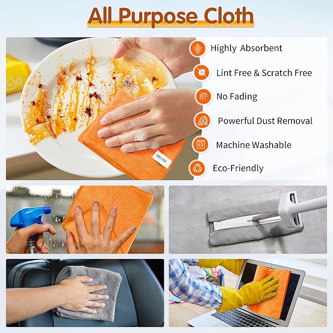 FIXSMITH Microfiber Cleaning Cloth -Pack of 12, Highly Absorbent Cleaning Rags(Grey&Orange), 16"X12" All Purpose Cleaning Towels for Housekeeping, Kitchen, Car, Reusable Microfiber Towels