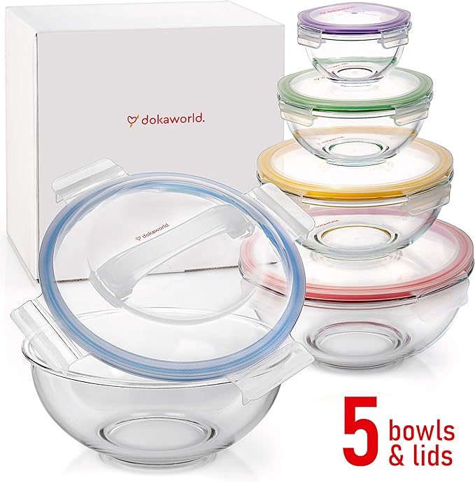 Set of 5 Stackable Space-Saving Nesting Glass Bowls with BPA Free Lids for Foodprep, Storage, Baking, Mixing & Cooking, Microwave Safe - Durable Inert Borosilicate Glass