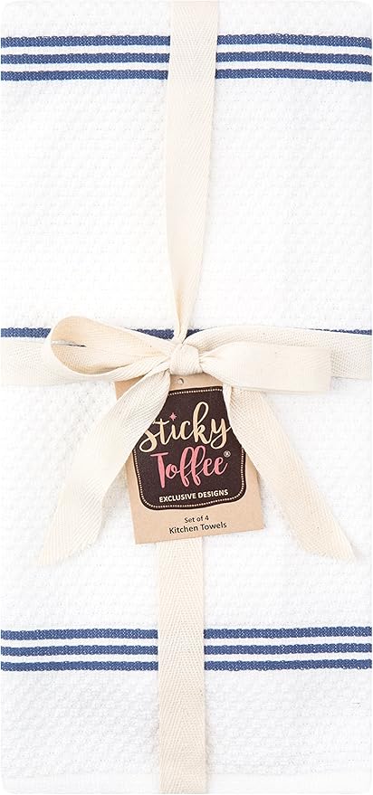 Sticky Toffee Cotton Kitchen Towels Set of 4 – 28x16 in Dark Blue and White Dish Towels, Reusable and Absorbent Tea Towels for Cleaning or Drying, Oeko-Tex Cotton