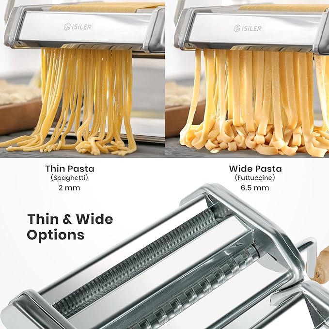 ISILER Pasta Maker, 9 Adjustable Thickness Settings 2 in 1 Pasta Machine with Rollers and Cutter, Noodle Maker for Dumpling Skin, Spaghetti, Fettuccini, Lasagna