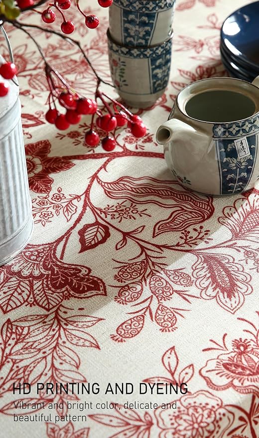 French Tablecloth for Round Tables,Linen Table Cloth with Red Flowers Pattern,Heavy Durable Table Cover for Dining Thanksgiving Kitchen Decor Party Christmas, Diameter 55"