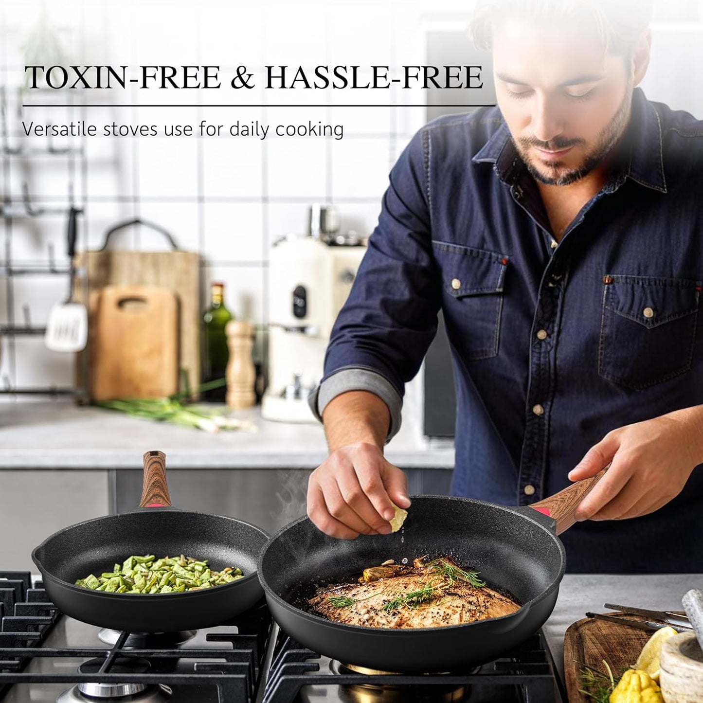 Vinchef 12.5" Non Stick Frying Pans, Skillet with Lid Used for All Stoves, Induction Non Toxic Cookware, Cooking Pans Nonstick Capable of Kitchen