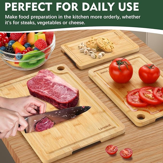 Unokit 3PCS Bamboo Cutting Boards Set - Large Natural Wooden Cutting Boards with Juice Groove & Built-in Handles，Ideal Charcuterie & Chopping for Meat, Vegetables, Dishwasher Safe