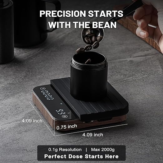 KitchenTour CaféMetric Coffee Scale with Timer 0.1g/2000g - Precision Scale for Espresso & Pour Over - Water Flow Speed Mode and Coffee Powder-to-Liquid Ratio Mode - Rechargeable, LCD Display-Wood