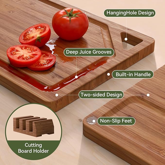 Bamboo Cutting Boards for Kitchen, [Set of 3] Wood Cutting Boards with Deep Juice Grooves, Built-in Handles & Holder, Charcuterie board & Chopping board for Meat, Vegetables and Fruits,Brown