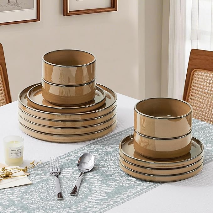 LIANYU Dinnerware Plates and Bowls Sets for 4, 12 Piece Modern Stoneware Dishes Set, Elegant Ceramic Dining Dishware for Dinner, Rustic Terracotta Bottom, Microwave & Dishwasher Safe, Amber Gold