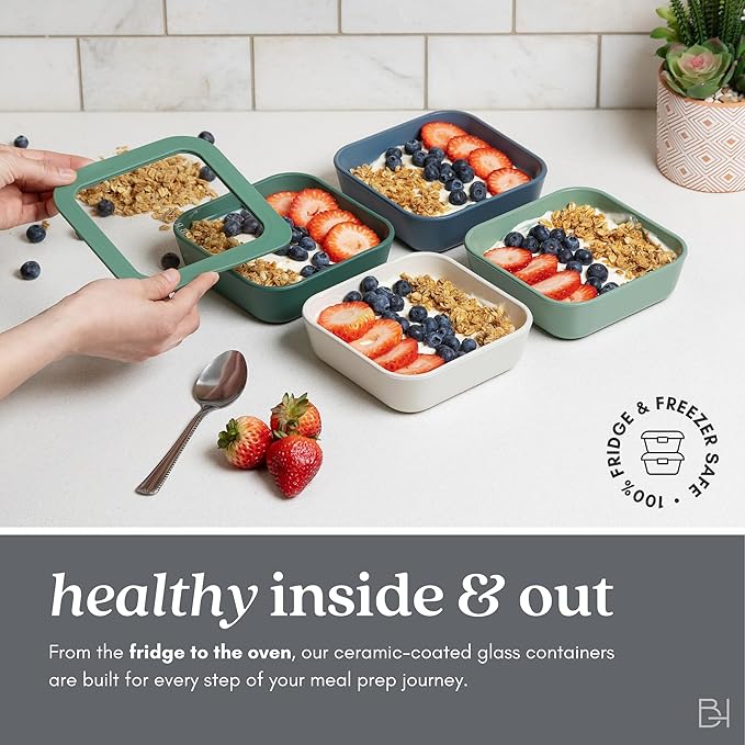 Ceramic Coated Glass Food Storage Container | No PTFE, PFOA, PFAS, and BPA | Reusable Non Toxic Meal Prep Container with Glass Lid | Easy To Store | 6 Piece Food Prep [Crema]