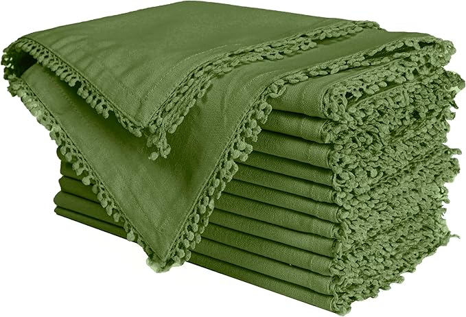 Bedding Craft Cotton Cloth Dinner Napkins Set of 12 – 18x18 Salted Lime with Decorative Lace Selvedge – Reusable Machine Washable Fabric Napkins for Weddings, Baby Showers, Parties & Dining