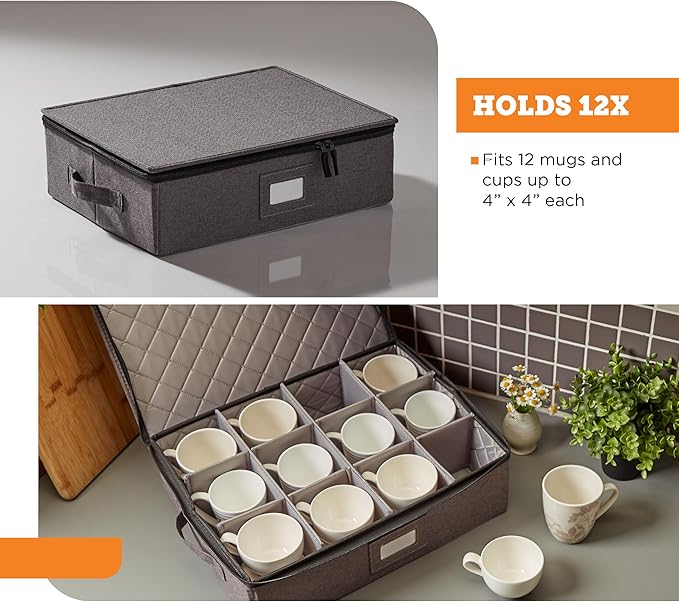 storageLAB Cup and Mug Storage Containers, Hard Shell Storage Case with Felt Dividers for Cups, Mugs, Dishes, and Glasses, Ideal for Kitchen Organizing and Moving Supplies - 1 Pack, Gray