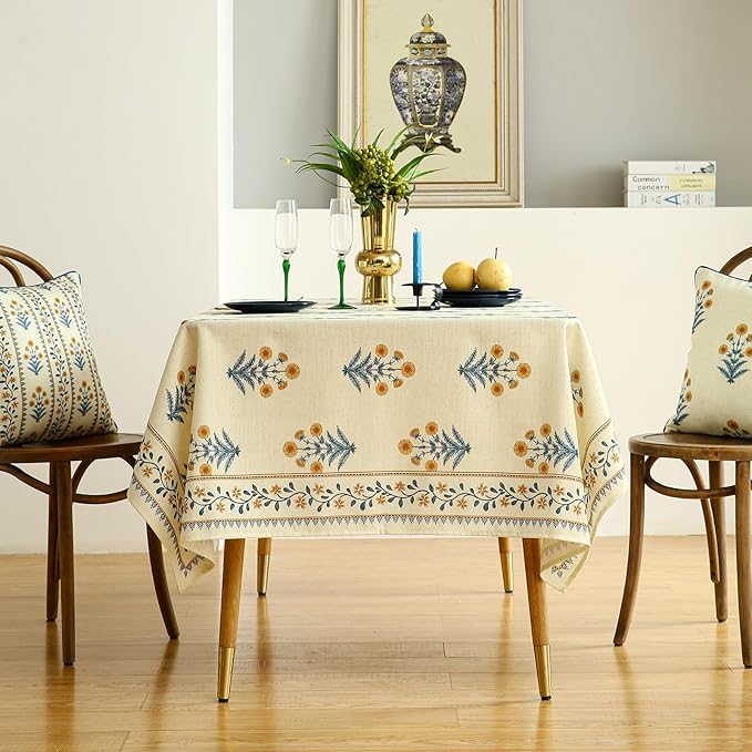 French Tablecloth for Square Tables,Linen Table Cloth with Yellow Flowers and Leavs Pattern,Heavy Durable Table Cover for Dining Thanksgiving Kitchen Decor Party Christmas,55"*55"