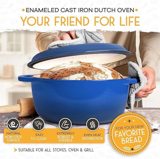 6 QT Enameled Cast Iron Dutch Oven for Bread Baking with Lid - Incl. Sourdough Bread Baking Supplies like Banneton Bread Proofing Basket, Cast Iron Bread Oven, Bread Pan, bread making tools