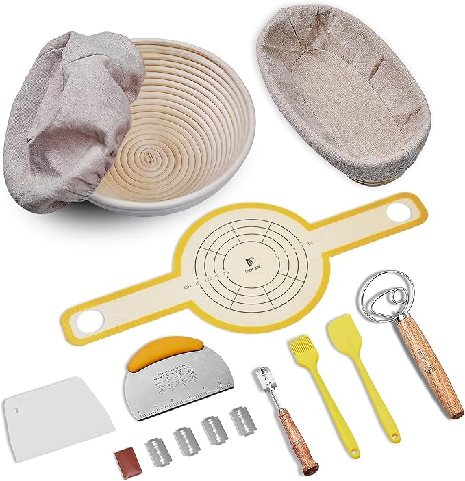 Sourdough Bread Baking Set, 10 Inch Oval & 9 Inch Round Banneton Bread Proofing Baskets with Linen Liner, Silicone Bread Sling, Danish Dough Whisk, Dough Scraper Kit, Silicone Brush & Spatula