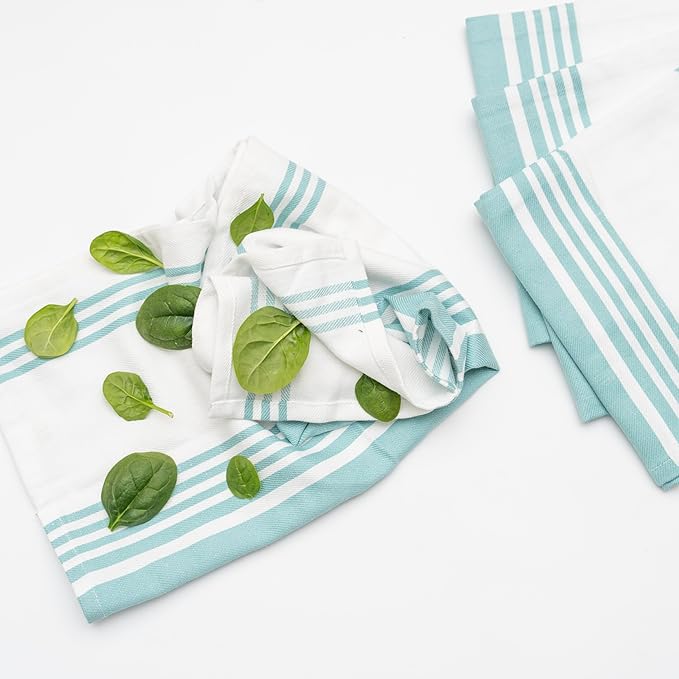 Aqua Stripes Cotton Kitchen Towels - 100% Cotton, 6 Pack, 30"x20", Absorbent, Lightweight, Lint-Free, Washable, Reusable and Quick-Dry Dish Towels with Hanging Loop (Aqua)