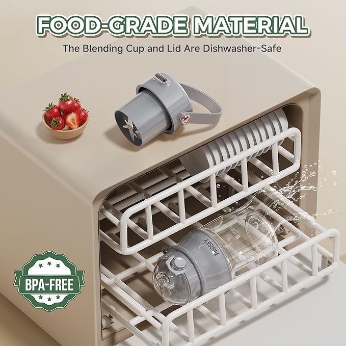 Portable Blender, Prasky Personal Blenders for Shakes and Smoothies with 27oz Cup, Lid and Shoulder Strap, Type-C USB Rechargeable, Personal Size Blenders BPA-free for Travel/Kitchen (Light Gray)