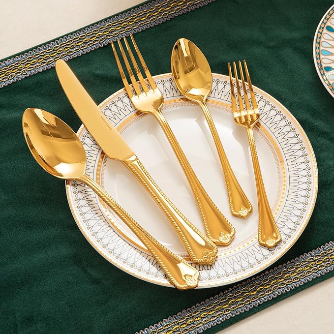KINGSTONE Gold Silverware Set, 60-piece 18/10 Stainless Steel Flatware Set Cutlery Set for 12, for Kitchen, Home, Wedding, Party, Mirror Polished and Dishwasher Safe, Featured Gifts