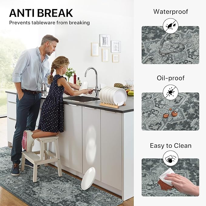 GENIMO Kitchen Mats for Floor 2PCs, Washable Anti Fatigue Mat for Cushioned, 17.3"x59"+17.3"x30", Waterproof Kitchen Rugs, Non Slip Comfort Standing Mat Rug for Home, Sink, Laundry, Dark Gray