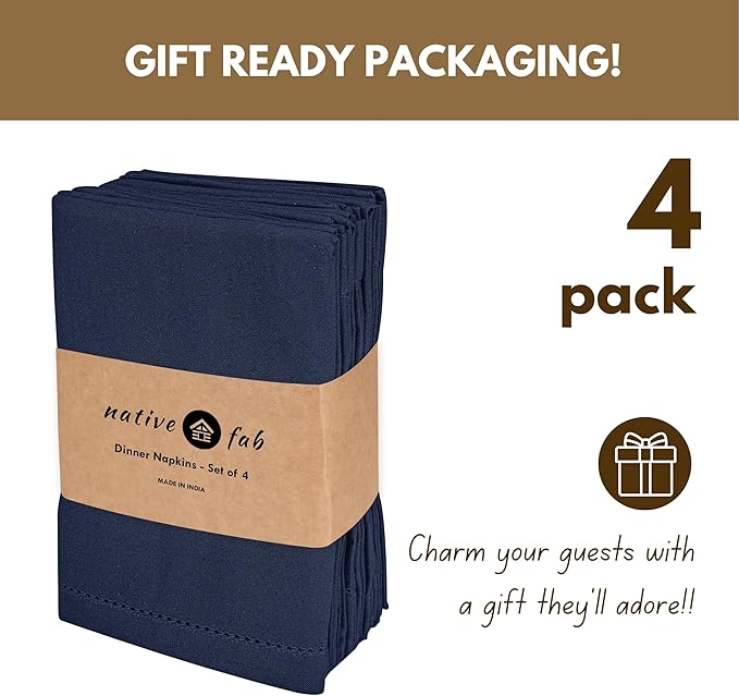 Native Fab Cloth Napkins Set of 4, 100% Cotton, Hemstitch Mitered Edges, Washable Fabric Napkins, 18x18 inch, Soft, Breathable, Reusable Hotel Quality Napkins for Events, Party, Wedding - Navy Blue
