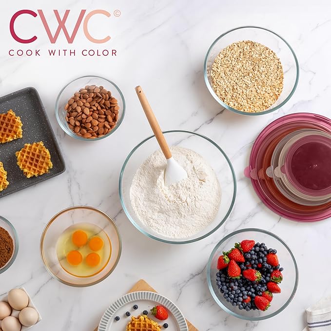 COOK WITH COLOR 12 Pc Glass Mixing Bowl Set with Lids – Borosilicate Glass Nesting Bowls for Cooking, Baking and Meal Prep, Rose