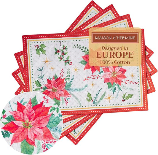 Maison d' Hermine Placemats Set of 4 100% Cotton Washable Cloth Place Mats, Reusable Table Mats for Thanksgiving Christmas Decorations Kitchen Dining Party Wedding (Poinsettia Christmas, 13" x 19")