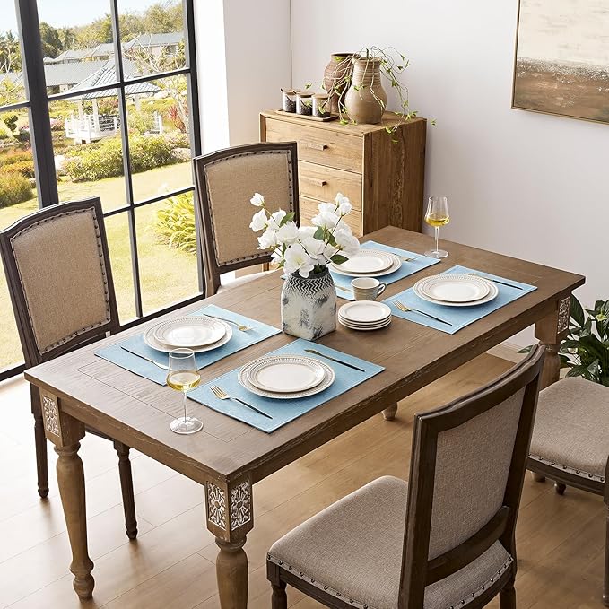 Romanstile Cloth Placemats Set of 4-12 x 18 Inch, Heat Resistant Double Layered Thickened Burlap Place Mats, Washable Faux Linen Farmhouse Table Mats for Kitchen/Dining/Party/Outdoor, Blue