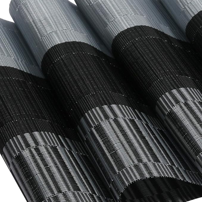 SHACOS Woven Vinyl Placemats for Dining Table Set of 6 Non Slip PVC Bamboo Basket Weave Table Place Mats (6, Ombre Black Gray)