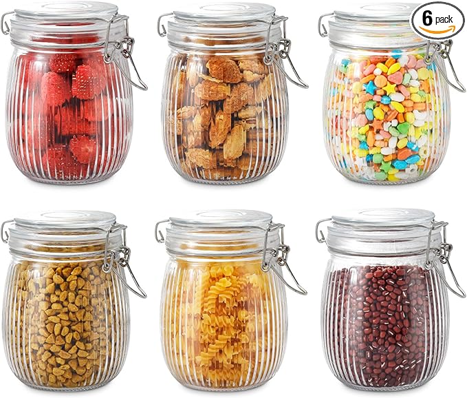 25oz Airtight Glass Jars with Lids, Set of 6 Food Storage Containers & Canisters, Clear Mason Jars with Clamp Seal for Canning, Cereal, Coffee, Pasta, Sugar, Beans & Spices