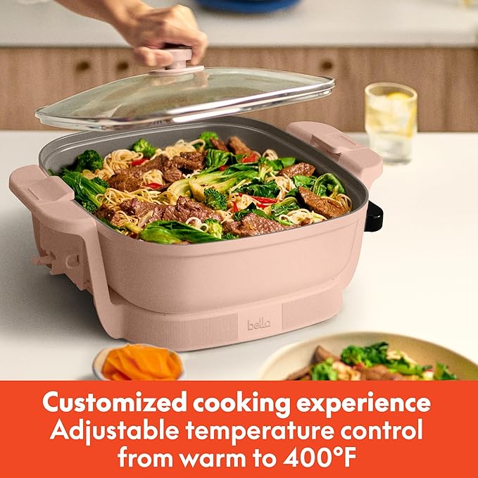 bella Make & Take Electric Skillet, Fits-anywhere™ kitchenware, EverGood™ Ceramic Coating, Adjustable Temperature & Dishwasher-Safe Tempered Glass Lid, Cast Aluminum Base, 1200 Watt, Blossom