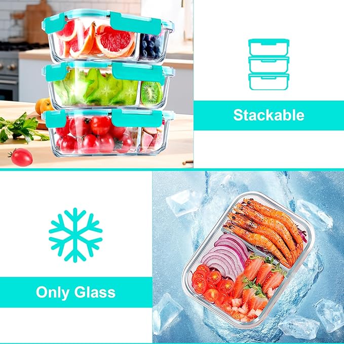 VERONES 5 Pack Glass Meal Prep Containers 2 Compartment Set, 36OZ Airtight Glass Lunch Containers, Glass Food Storage Containers with Lids, for Microwave, Oven, Freezer & Dishwasher Friendly,Green