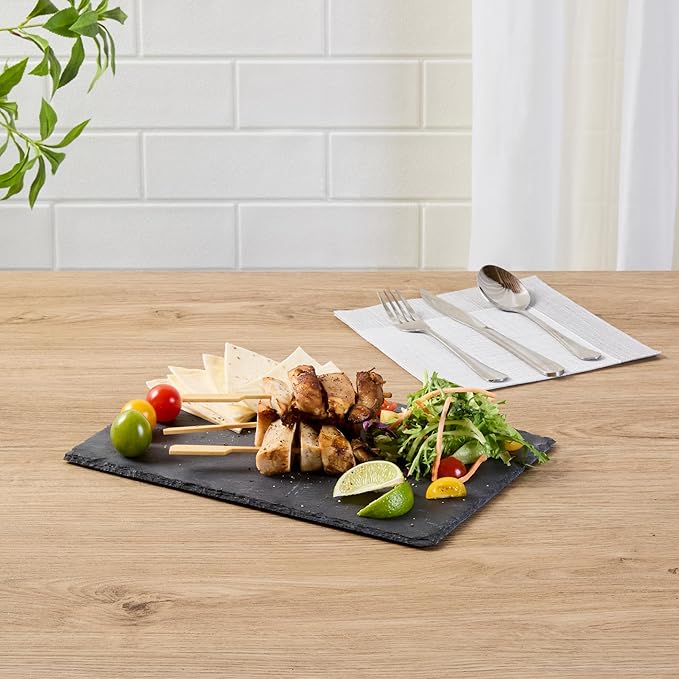 Restaurantware Slate Serving Trays 4 Pack of 11.8" x 7.8" Foam Feet Charcuterie Stone Plates Rustic Edges Freezable Black Serving Display Cheese Boards for Kitchen, Gourmet, Dining, Parties