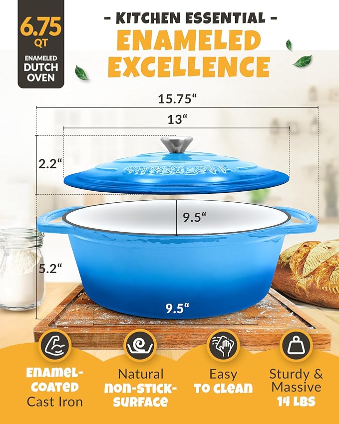 Dutch Oven for Bread Baking - incl. Sourdough Bread-Baking Supplies like Banneton Bread-Proofing Basket - 6.75QT Enameled Oval Cast Iron Bread-Oven with Lid, Baking Pan, Scoring Tool, Lame