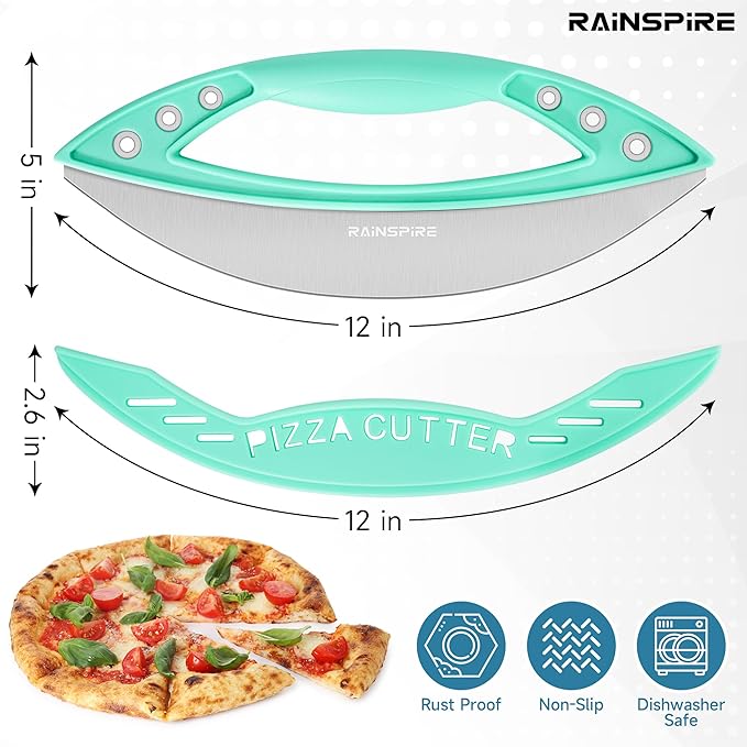 Rainspire 12" Pizza Cutter Rocker Blade Stainless Steel Pizza Rocker with Cover Sharp Blade Pizza Knife Dishwasher Safe Kitchen Gadgets Home Essentials, Mint Green