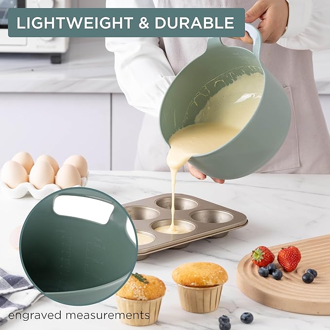 COOK WITH COLOR Nesting Plastic Mixing Bowl Set with Pour Spouts and Handles, Green, 4 Piece Non-Slip