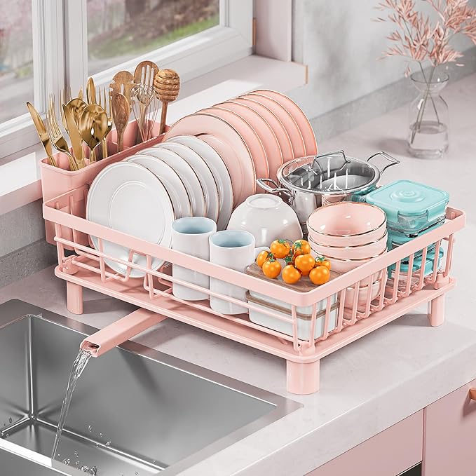 Dish Drying Rack for Kitchen Counter, Stainless Steel Drainer Anti Rust, Smart Drainage System Drainboard with Detachable Cutlery Holder, Handwash Dish Helper for Home, Apartment Space Saving