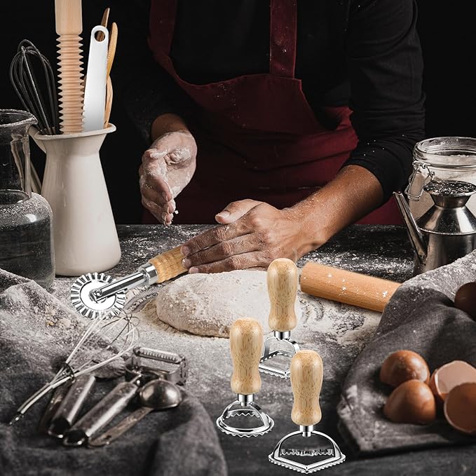 11 Pcs Pasta Making Tools Kit - Includes Wooden Gnocchi Board with Ravioli Stamp Cutter, Threaded Rolling Pin, Dumpling and Pasta Maker - Gift for Homemade kitchen Baking Lovers