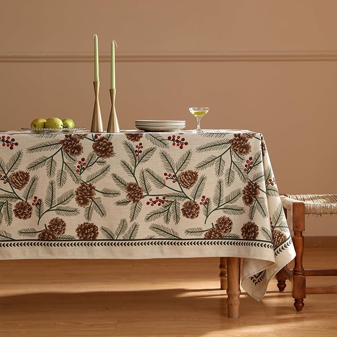 Christmas Tablecloth for Rectangular Tables,Linen Table Cloth with Leaves and Pinecones Pattern,Heavy Durable Table Cover for Dining Thanksgiving Kitchen Party Banquet Christmas,67"*118"