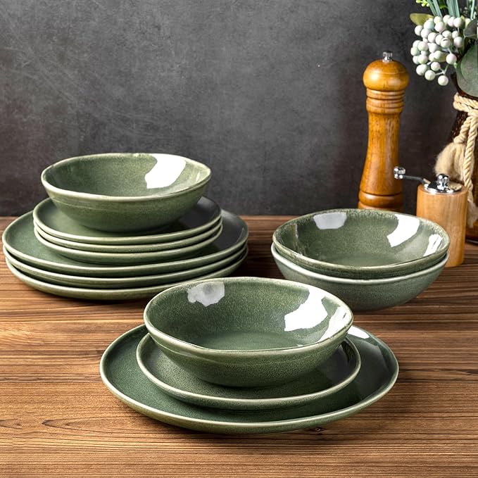 AmorArc Ceramic Dinnerware Sets,Handmade Reactive Glaze Stoneware Plates and Bowls Set,Highly Chip and Crack Resistant | Dishwasher & Microwave Safe Dishes Set,Service for 4 (12pc)