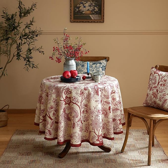 French Tablecloth for Round Tables,Linen Table Cloth with Red Flowers Pattern,Heavy Durable Table Cover for Dining Thanksgiving Kitchen Decor Party Christmas, Diameter 55"