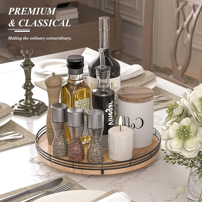 13" Lazy Susan Oak Wood Turntable Organizer for Cabinet, Farmhouse Round Wooden Lazy Susan Organization and Storage for Dining Table, Pantry, Kitchen, Bathroom, Countertop, Cupboard, Home Decor