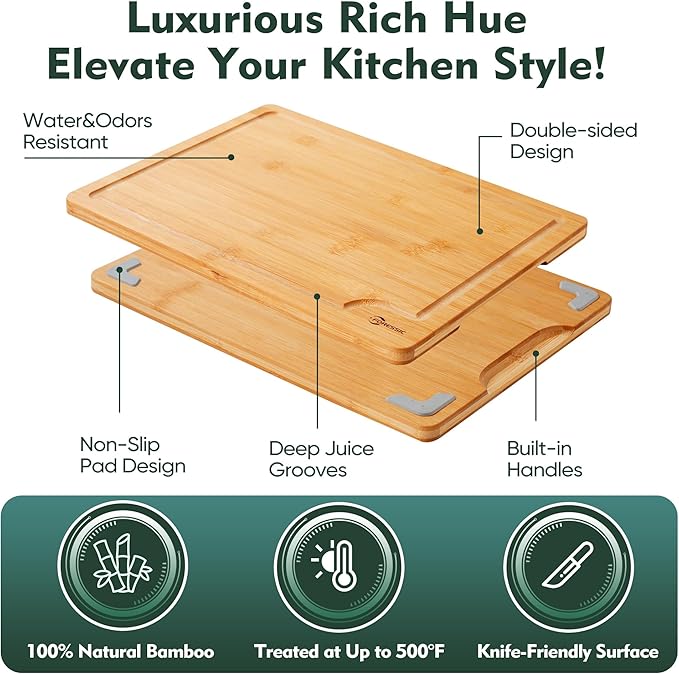 Bamboo Cutting Board Natural Bamboo Set With Smooth Surface 4 Packs with Non Slip Feet Holder and Over Sink Solid Thick Durable Wood Charcuterie Serving Tray Vegetables Fruits Kitchen Gifts (Natural)