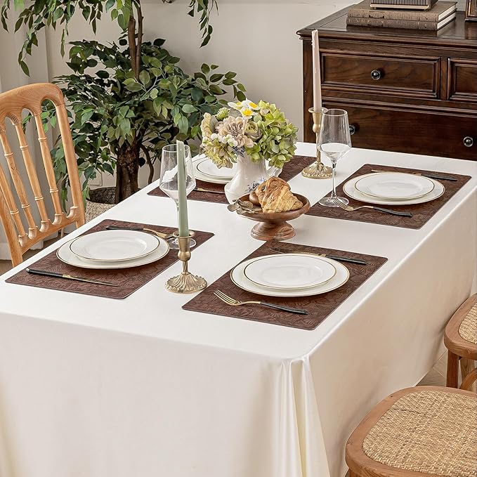Romanstile Vinyl Placemats Set of 8-12 X 18 Inch - Heat Resistant Non-Slip Embossed Floral Place Mats 100% Waterproof Oilproof Wipeable Faux Leather Table Mats for Kitchen/Dining/Party, Brown