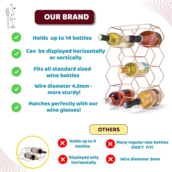 Gusto Nostro Countertop Wine Rack - 14 Bottle Freestanding Modern Metal Wine Rack - 3 Tier Tabletop Wine Holder Stand for Cabinet, Pantry Wine Bottle Storage - No Assembly Required (Small, Rose Gold)