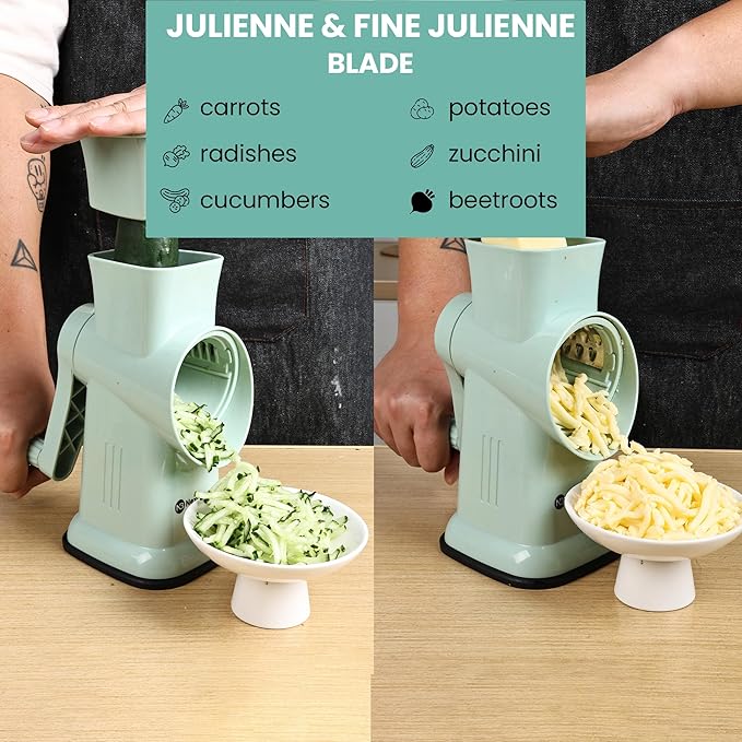 6 in 1 Rotary Cheese Grater Hand Crank with 6 Stainless Steel Blades, Cheese Shredder with Reinforced Suction Base, Grater For Cheese, Vegetables, Nuts and Ice, Easy to Clean