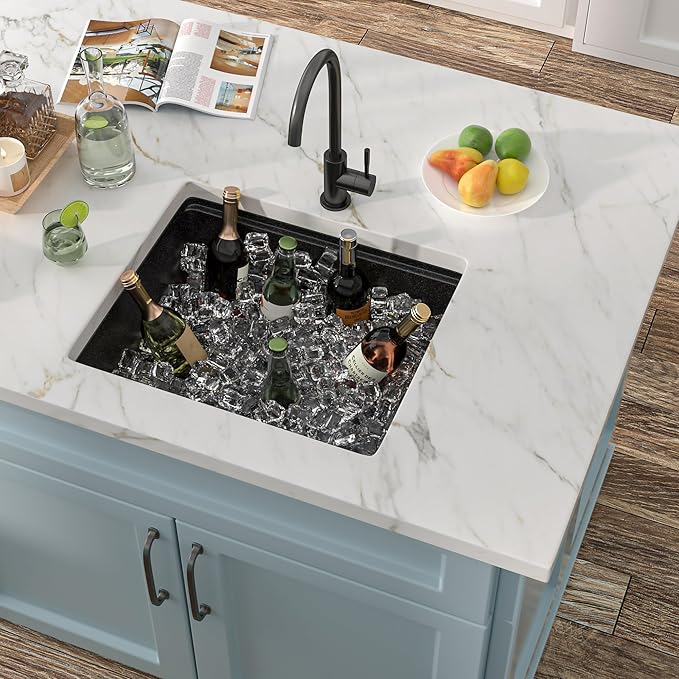 21 Undermount Bar Sink Workstation - Fulorni 21"x18" Undermount Wet Bar Sink Matte Black Granite Composite Quartz Classic Single Bowl Under Counter Small Kitchen Bar Prep RV Sink Basin