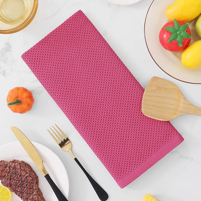 Homaxy 100% Cotton Waffle Weave Kitchen Dish Towels, Ultra Soft Absorbent Quick Drying Cleaning Towel, 13 x 28 Inches, 12-Pack, Hot Pink