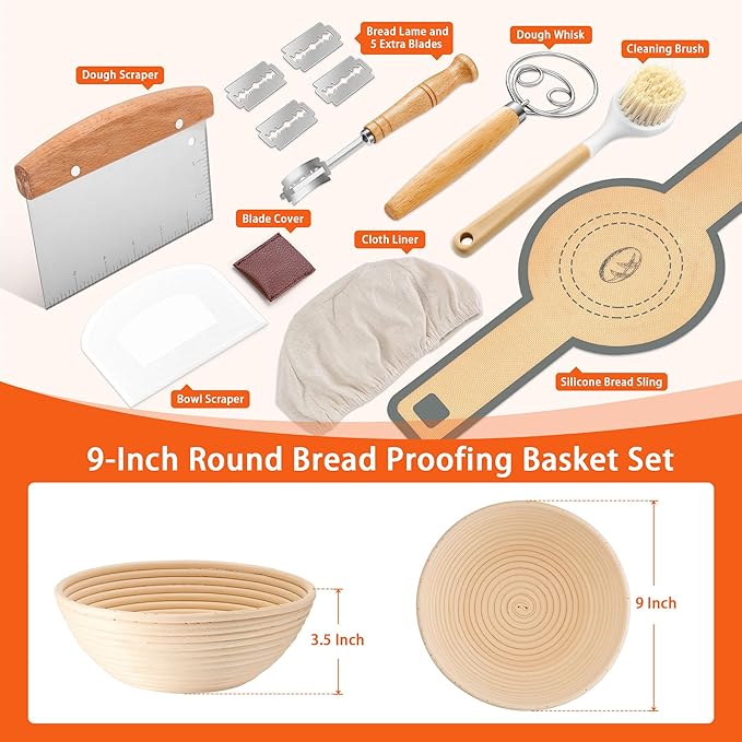 P&P CHEF Complete Sourdough Starter Kit, Sourdough Bread Baking Supplies Set, 9'' Round Bread Proofing Basket with Other Dough Making Tools, Ideal for Bread Making Baking Fermentation